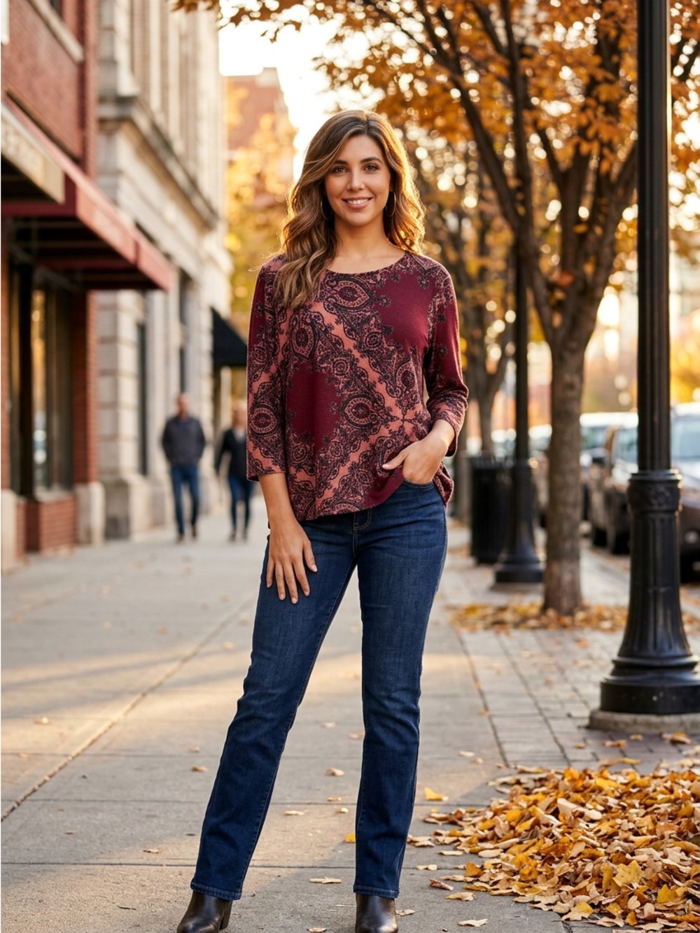 Dressbarn Top Womens Large 3/4 Sleeves Maroon Pink Batik Knit Top $39.95